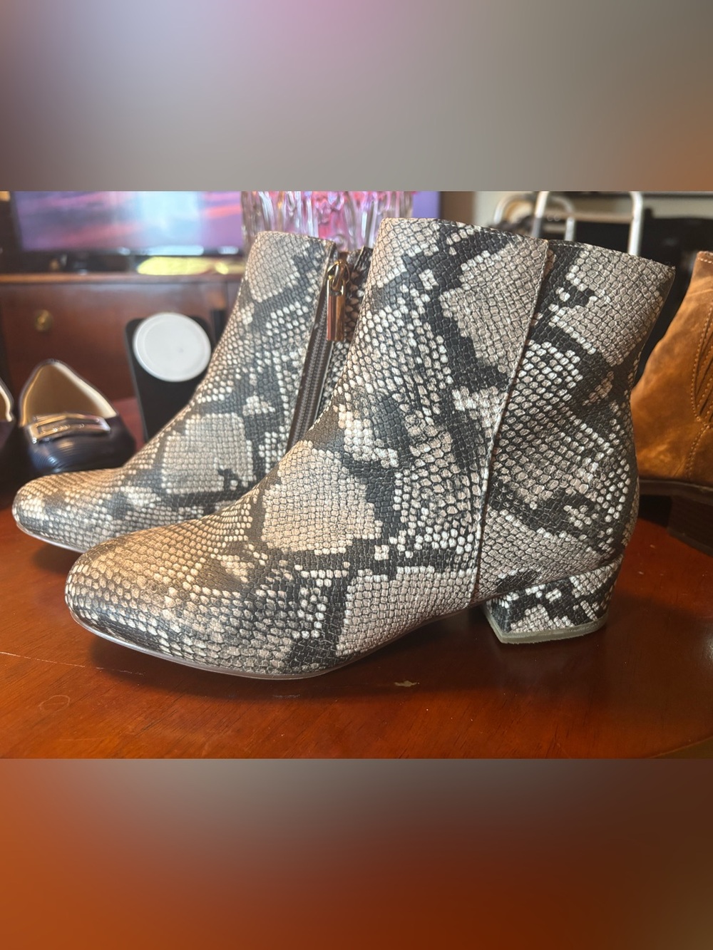 Snake-Texture Ankle Boots in Gray/Black